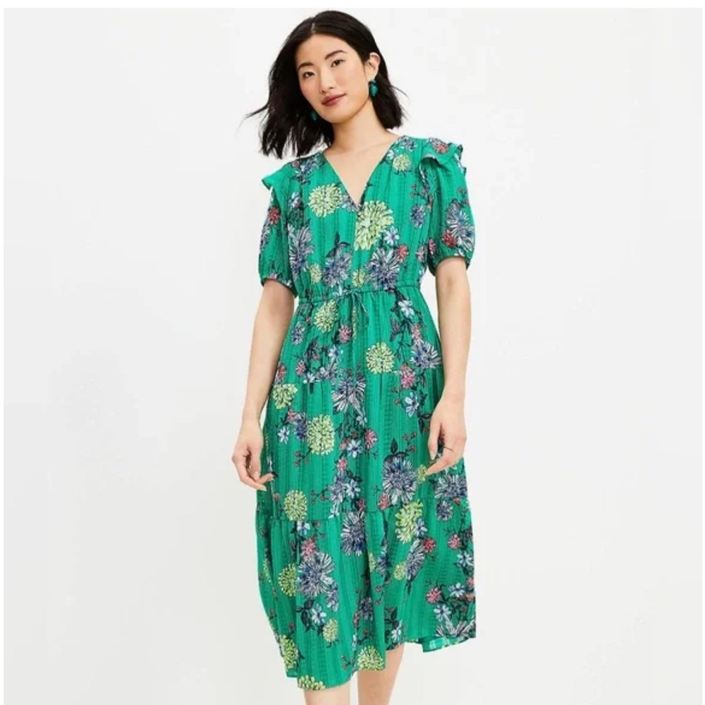 LOFT Green Floral Midi Dress With V-Neckline & Ruffled Sleeves Women’s XS Petite